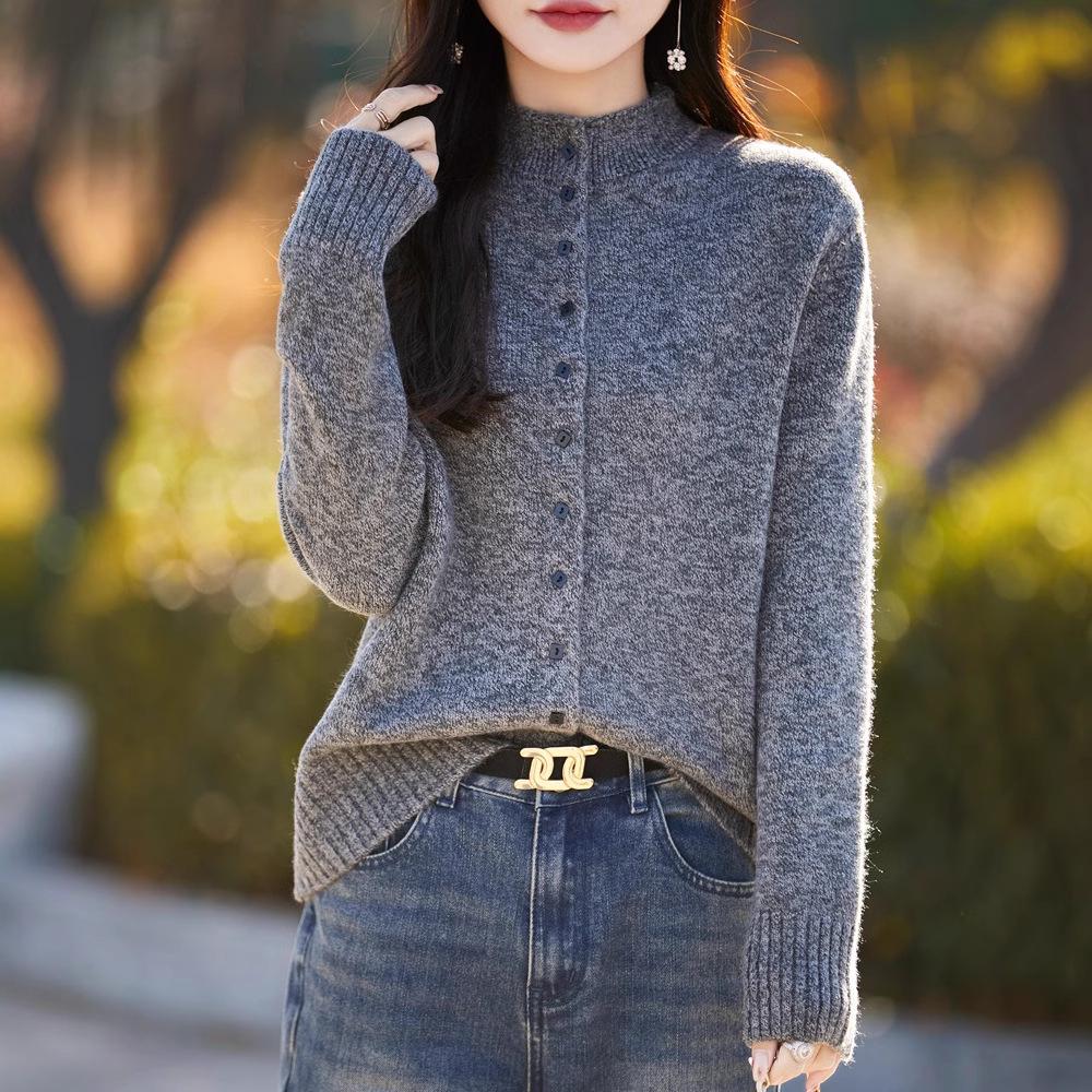 

High-Neck Fancy Knit Cardigan for Women - Square Button, Soft, Comfortable, Perfect for Spring & Autumn Fashion. M for 85-105 lbs