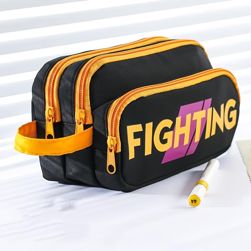 1pcs Slogan Fighting 3-Layer Large Capacity Pencil Case Portable Handle Durable Color Pen Bag Dirty Resistant Pouch