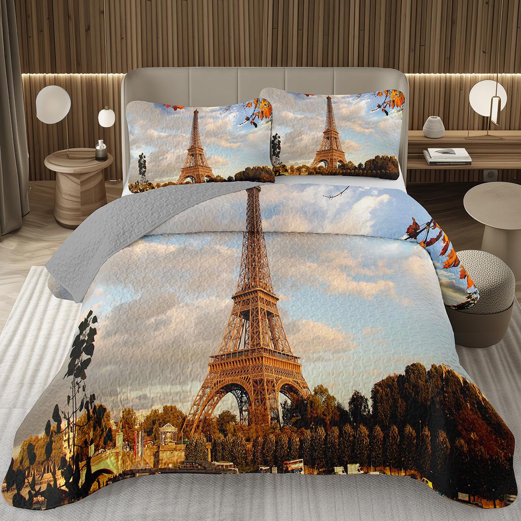 Eiffelturm Tagesdecke Vintage Paris Stadtlandschaft Quilt-Set Doppel-/Queen-Größe, Weiche Leichte Wendbare Tagesdecke für Mädchen Frauen