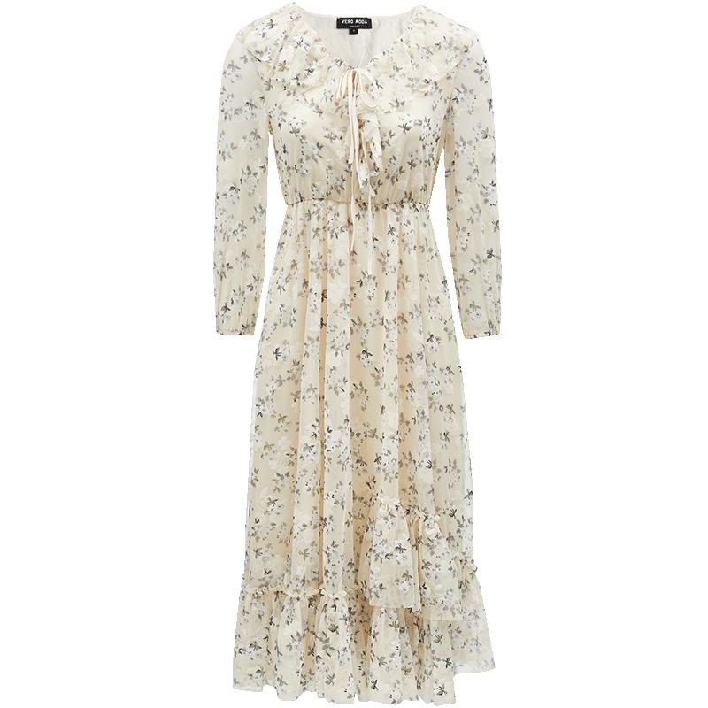 

VEROMODA 2024 Spring/Summer Flocked Floral V-Neck Ruffle A-Line Midi Dress M
