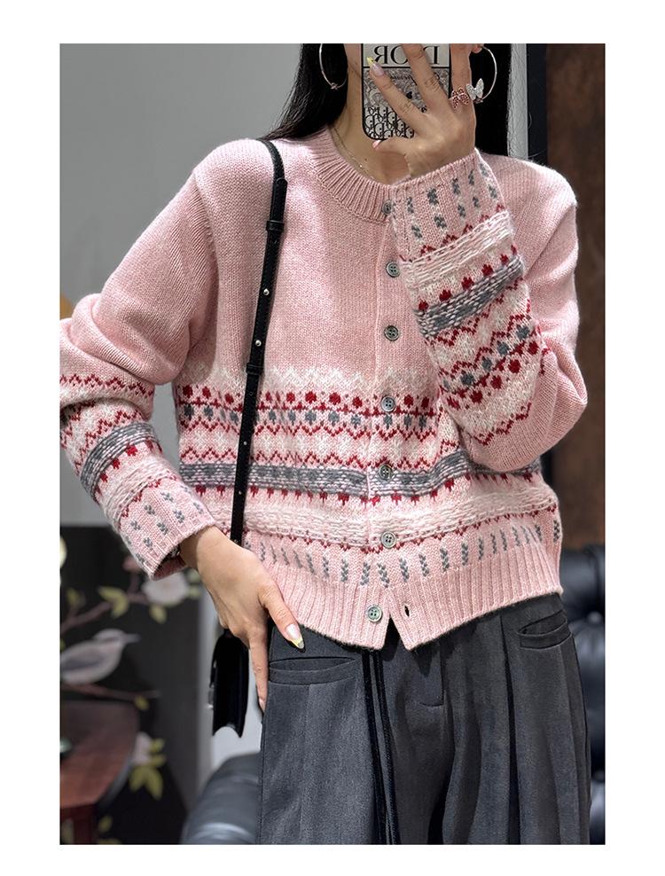 Stylish Women's Round Neck Jacquard Knit Cardigan - 2025 Autumn/Winter Thick Outerwear Sweater