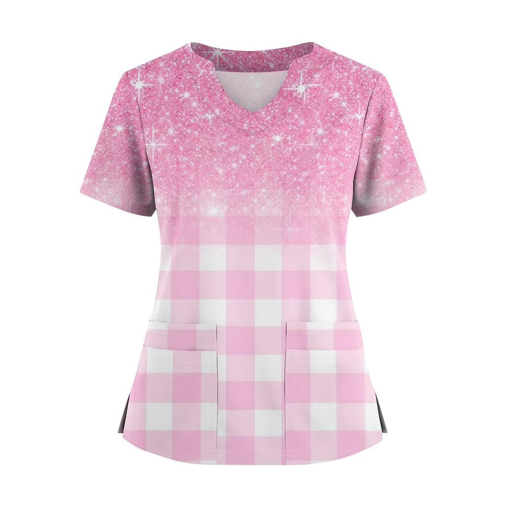 Women's Loose Short Sleeved Fashionable Square Printing V-neck Buttonable Side Slit Top T-shirt