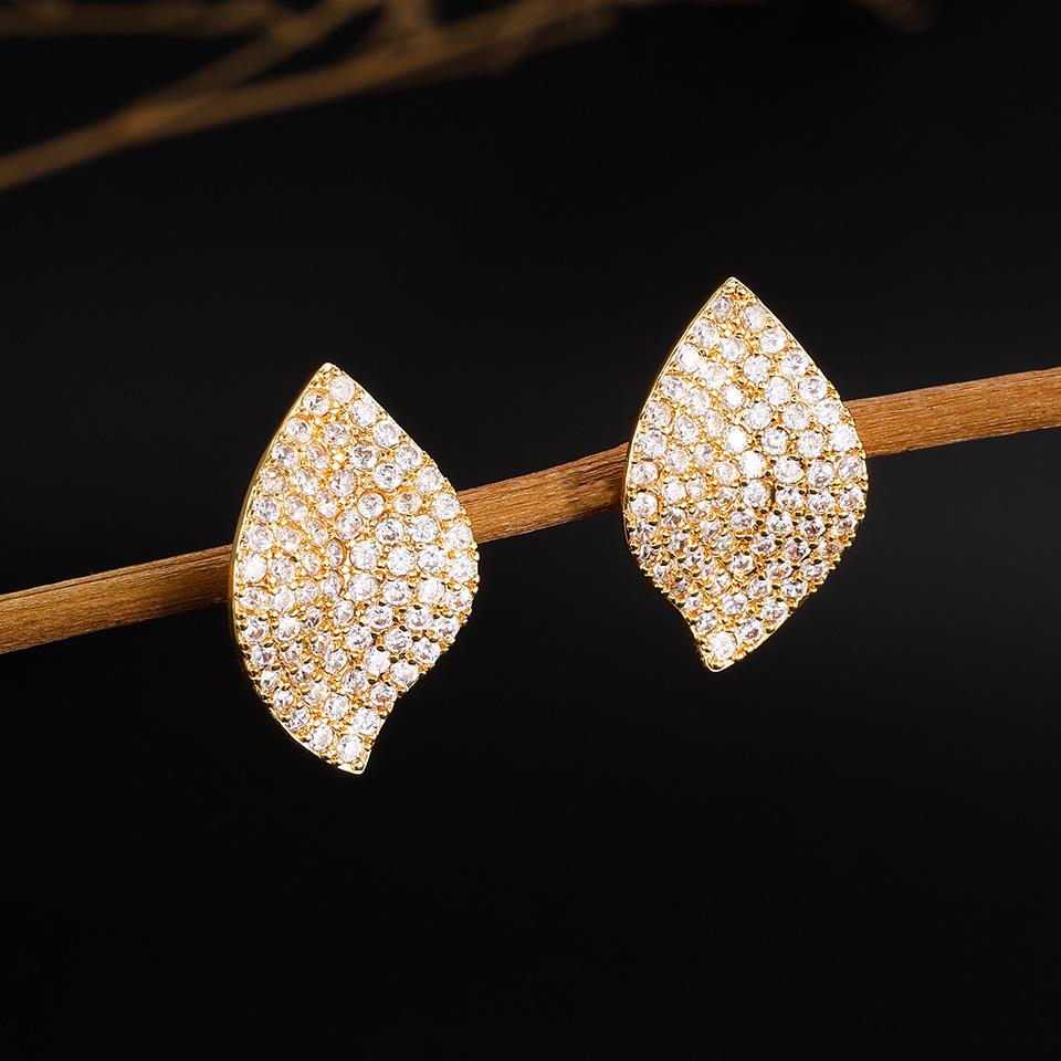 Exquisite Minimalist Full Inlaid Zircon Stud Earrings New Style Daily Leaf Earrings Fashion Women's Accessories