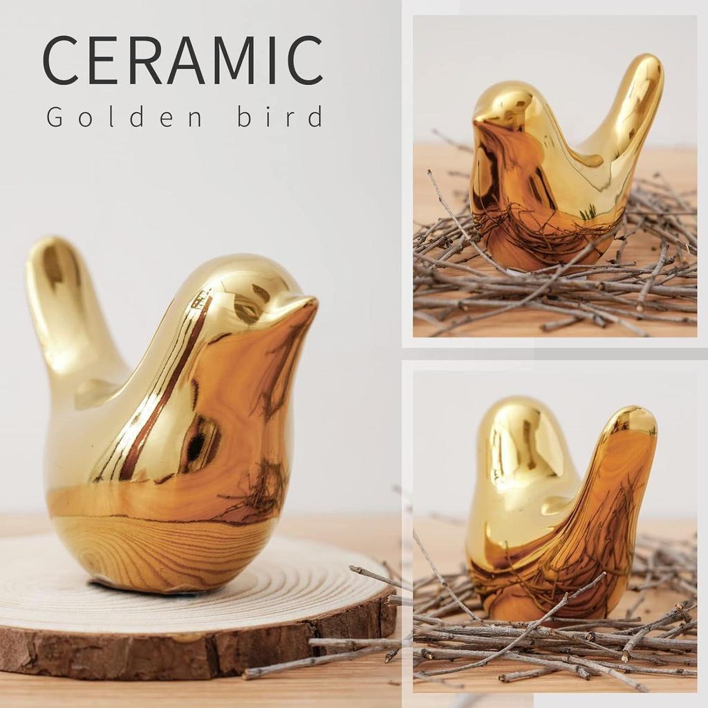Eramic Golden Bird Figurine Set with Non-Slip Base, Decorative Bird Statues for Tabletop Shelf