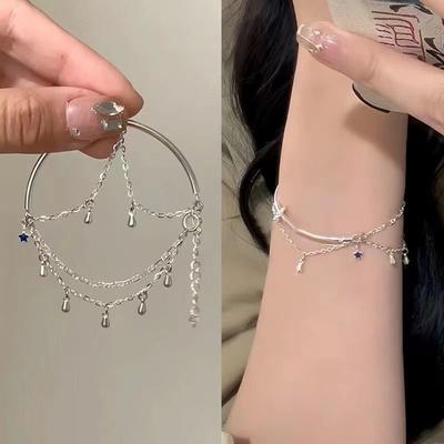 Half-ring Star Pendant Bracelet with Star-shaped Dangling Beads, Waterdrop-shaped Simple Chain, Elegant Style Bracelet, Summer Accessory