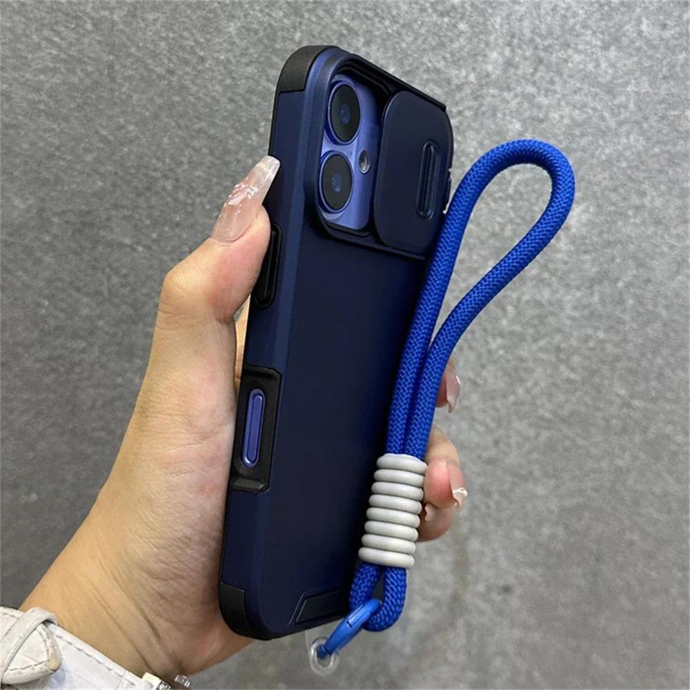 Pouzdro Armor s posuvným okénkem, ochranou, šňůrkou na zápěstí pro iPhone 17 Air 16 15 13 12 11 14 Pro Max, jednobarevný nárazník, kryt se šňůrkou