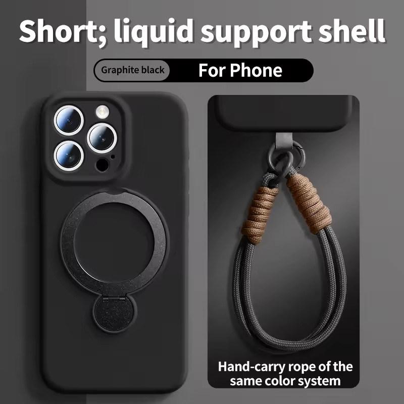 Magsafe Magnetic Bracket Liquid Silicone Phone Case For IPhone 13 14 15 16 17 Pro Max With Hanging Rope Anti fall Protective Cover