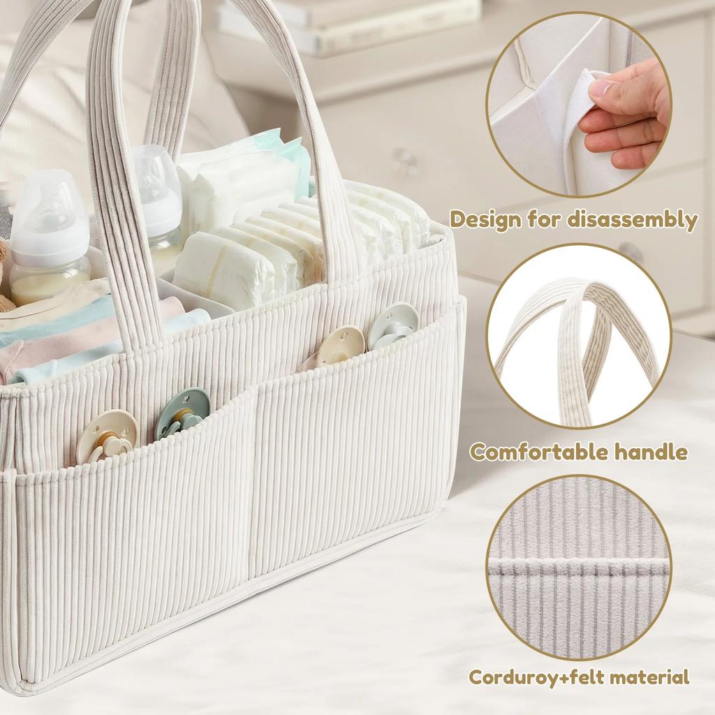 Organizador de Caddy para Pañales de Bebé Cesta de Almacenamiento de Pañales de Pana con Asa Plegable Multibolsillo Organizador de Almacenamiento de Pañales para Recién Nacidos