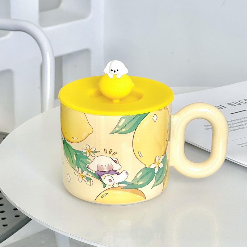 High-Value Cartoon Ceramic Cup With Lid Household Cute Couple Coffee Cup Creative Souvenir