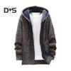 Winter Men Jacket Thickened Fleece Hooded Drawstring Zip-up Long Sleeves Sweater Coat Pockets Elastic Cuff Retro Knitted Daily Wear Outerwear Jacket