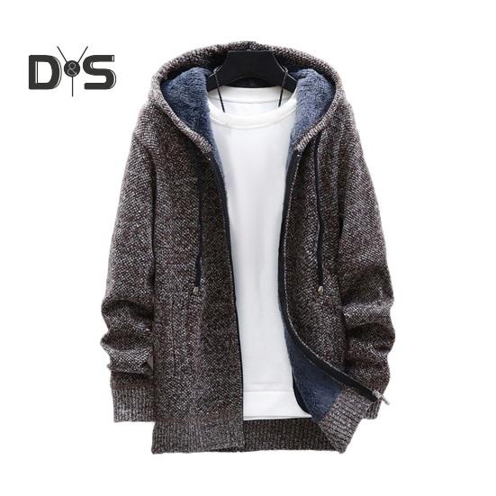 Winter Men Jacket Thickened Fleece Hooded Drawstring Zip-up Long Sleeves Sweater Coat Pockets Elastic Cuff Retro Knitted Daily Wear Outerwear Jacket