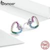 Bamoer Pink Heart Stud Earrings for Women 925 Sterling Silver Rainbow Amour Ear Studs Jewelry Gift