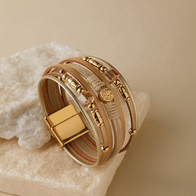 Brățară din piele cu mărgele pentru femei, lanț gros, multistrat, înfășurat, brățări late, accesorii de bijuterii pentru petrecere