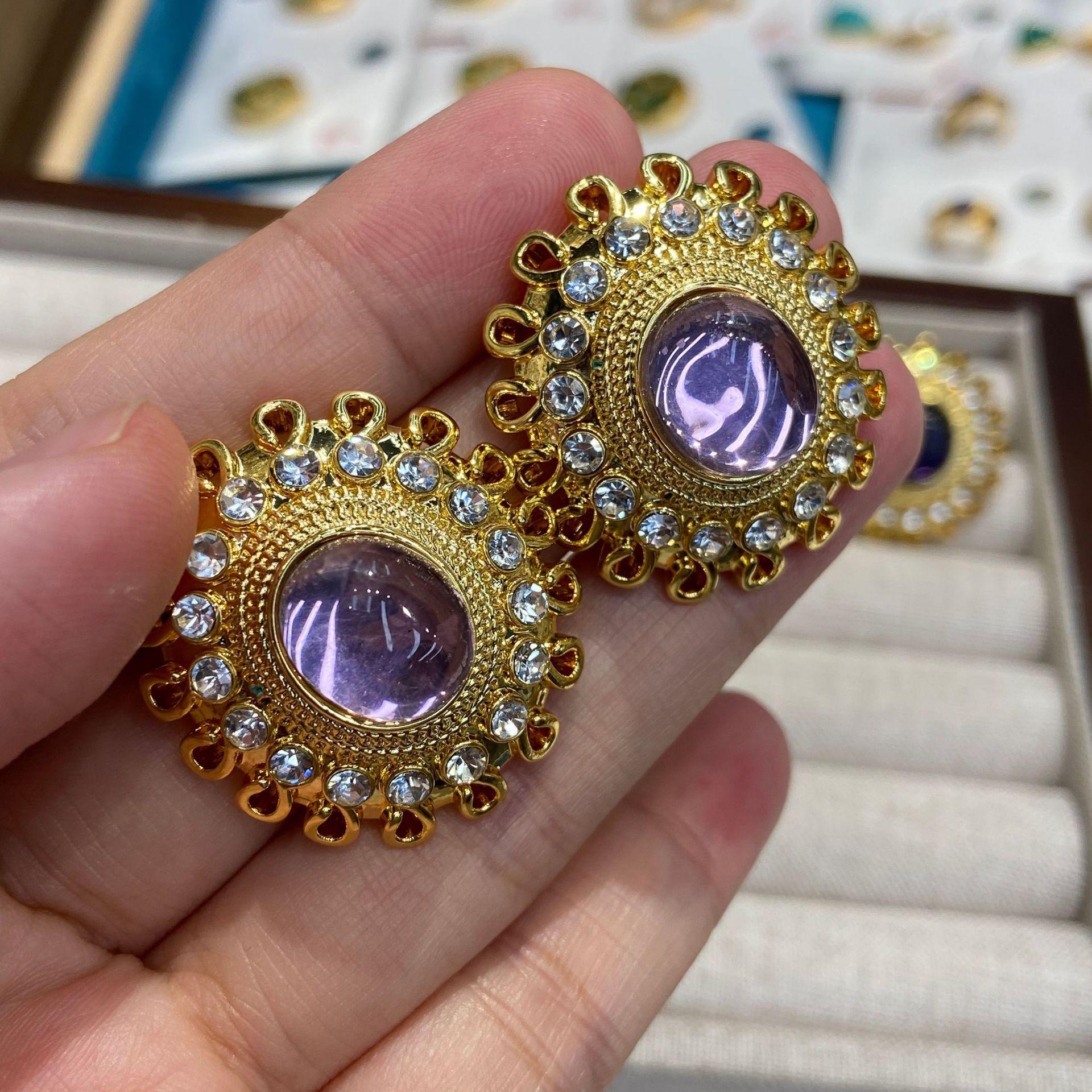 Medieval Vintage Round Retro Stud Earrings Necklace, Western Gold-Plated Purple Glazed Gemstone Elegant Stud Earrings Women