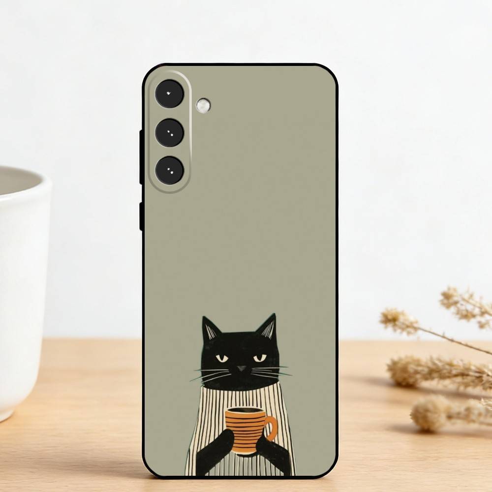 C-Cute Black White Cat   Phone Case For Samsung Galaxy A73,A72,A71,A70,A53,A52,A51,Others Soft Black Cover