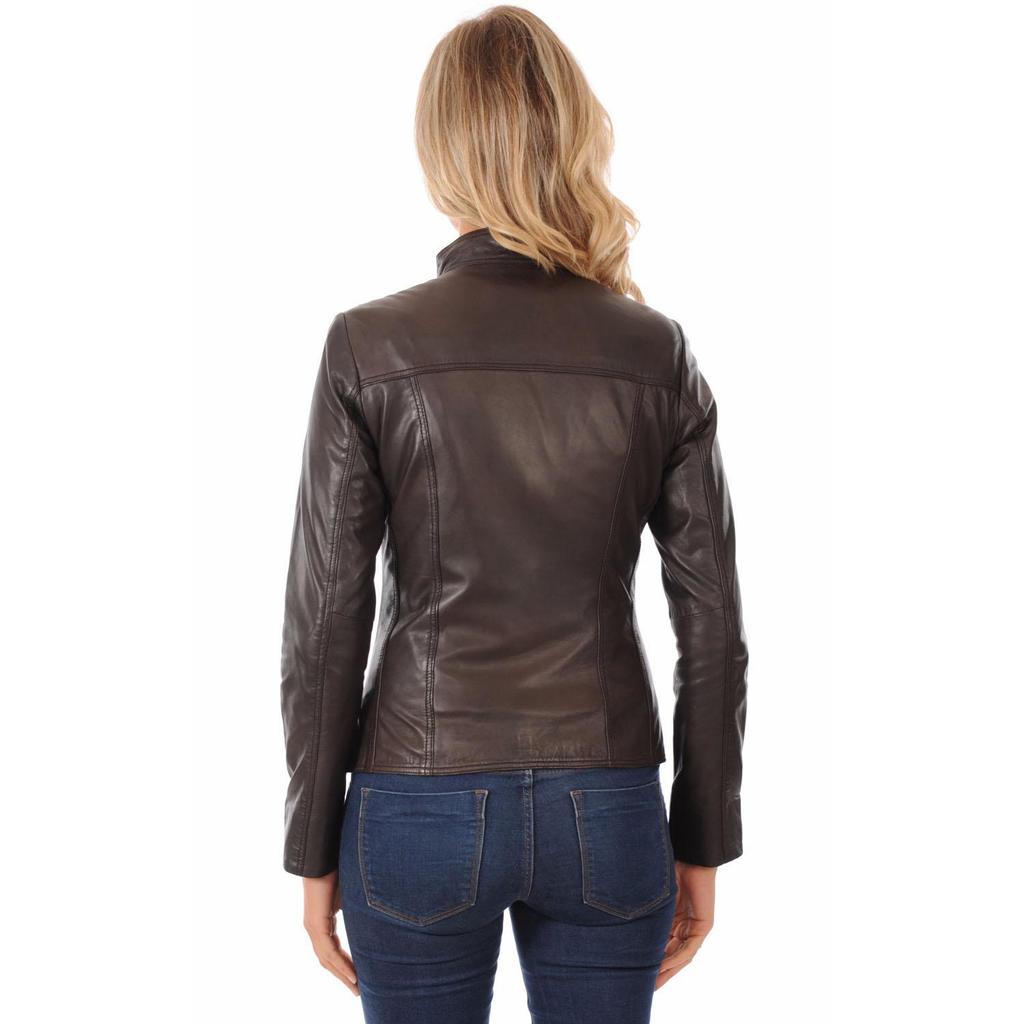 SKINOUTFIT Womens Leather Jacket Real Lambskin Biker Motorcycle Brown Slim Fit Ladies Coat