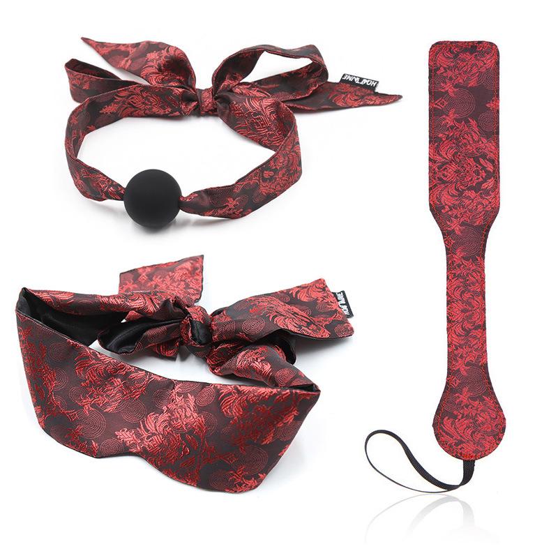 Retro Court Chinese Style Fabric Restraint Set: Foot Cuffs, Gag Ball, Eye Mask, Leash, Collar.