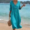 VEZFAA Women's Fashion Summer Spring Solid Color Print 1/2 Sleeves V-Neck Loose Waistline Casual Dresses
