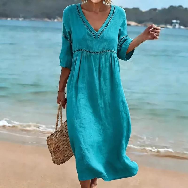 VEZFAA Women's Fashion Summer Spring Solid Color Print 1/2 Sleeves V-Neck Loose Waistline Casual Dresses
