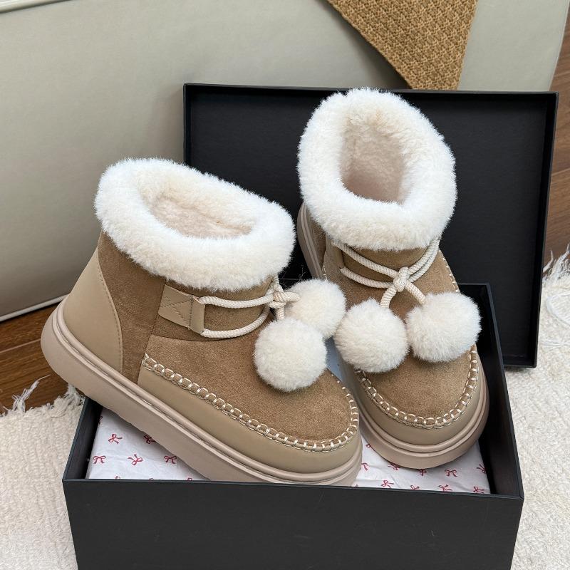 Women Winter Snow Boots Cute Fur Ball Windproof Suede Non-slip Platform Outside High Top Flat Soft Warm Fluffy Lady Shoes