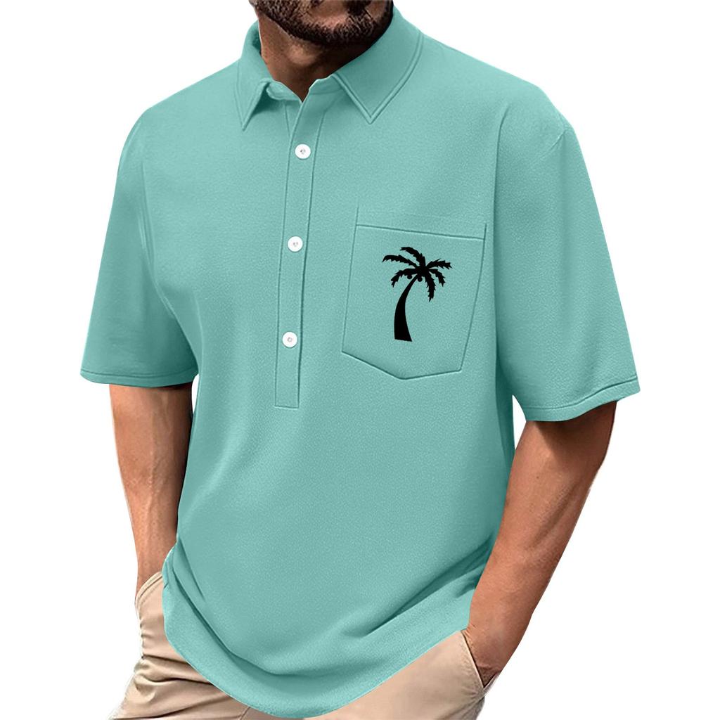 Men's Summer Solid Color Print Four-sided Stretch Lapel Button Pocket Shirt Casual Sports Short-sleeved Top