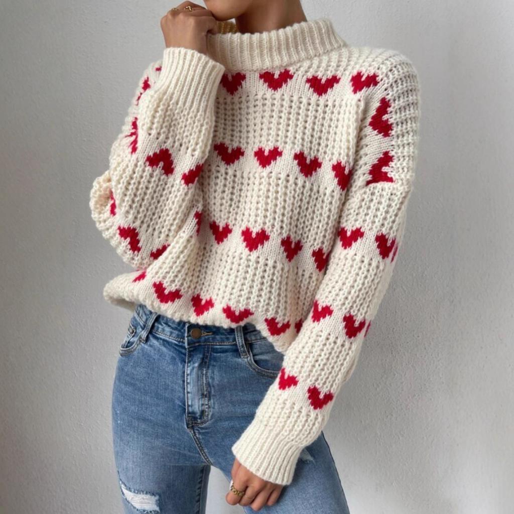 Spring Autumn Heart Jacquard Sweater Women's Loose Relaxed-fit Pullover Luxurious Soft Knit Slimming Versatile Casual Top