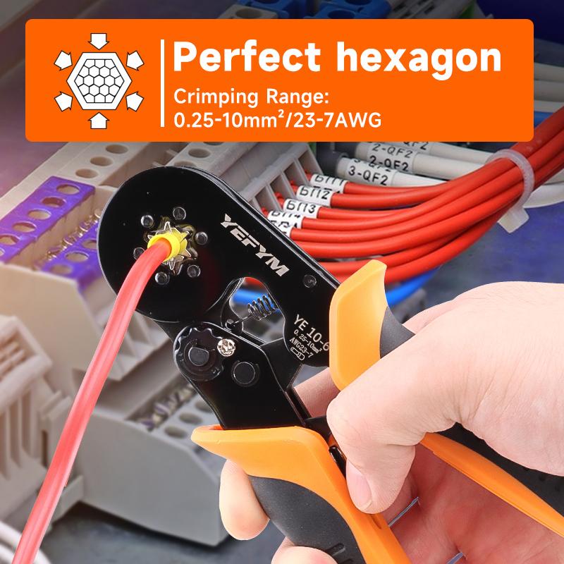 Hylseklemverktøy Selvjusterende sekskantet ledningskrimpetang for AWG23-7(0.25-10mm²) Skralle Ledningskrimpeverktøy YE 10-6
