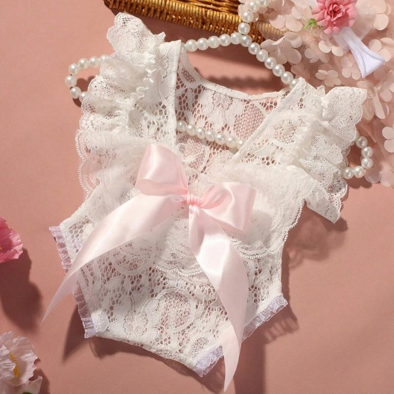 Infant Lace Backless Bodysuit Sleeveless Romper with Bowknot Flower Headband Photo Props for Photoshoots And Parties