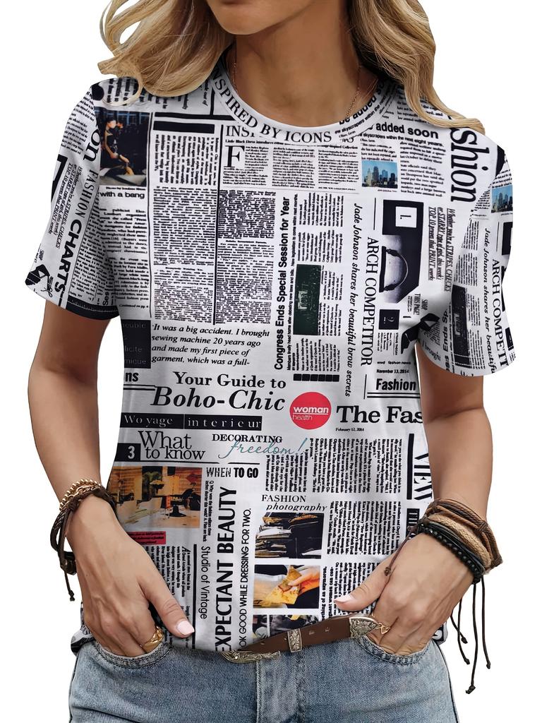 2025 New Summer Women's Clothing Poster Letter Printing Ladies T-shirt Round Neck Short Sleeve Street Casual Daily Basic Tops