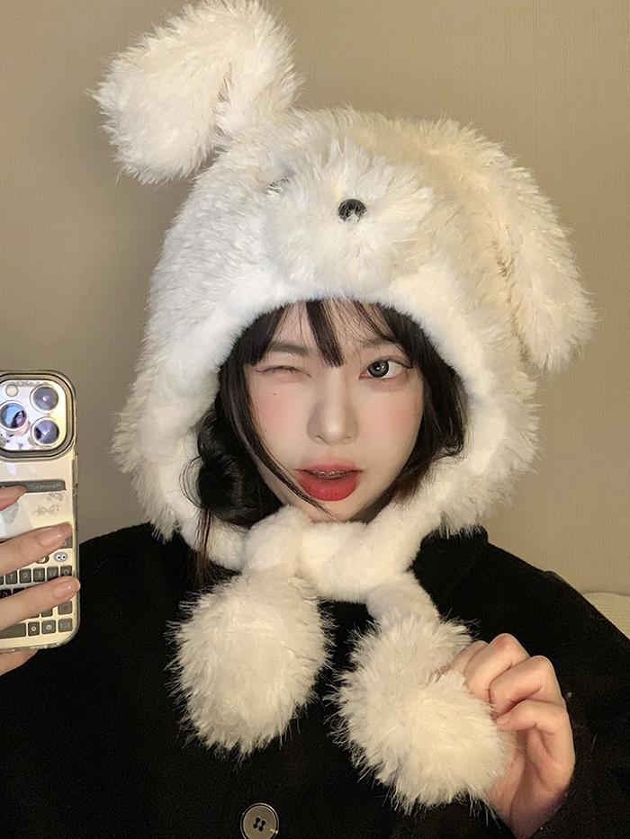 Thickened Plush Hat Female Winter Cute Moving Cartoon Ears Warm Ear Protection Cycling Pullover Hat