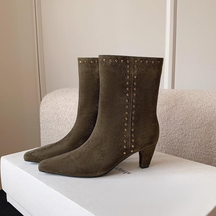 

French short boots fashionable thin boots women s spring autumn and winter 2025 new suede single inner pointed high heel comfortable 39 армия зеленый