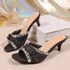 Vintage Studded Belt Buckle Open Toe Slim Heel Sandals and Slippers for Women Outside Sexy Casual Low Heel Half Slippers