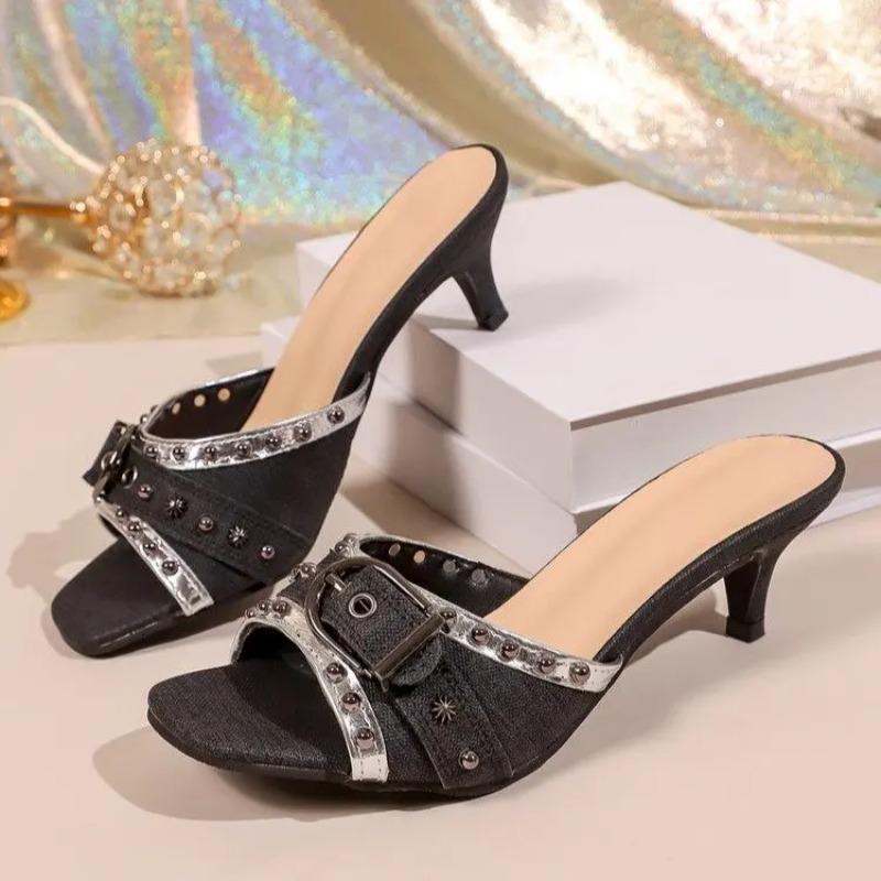 Vintage Studded Belt Buckle Open Toe Slim Heel Sandals and Slippers for Women Outside Sexy Casual Low Heel Half Slippers