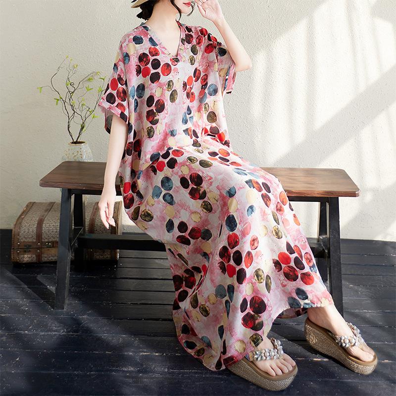 Summer V-neck Cotton Linen Women's Loose Beach Dress