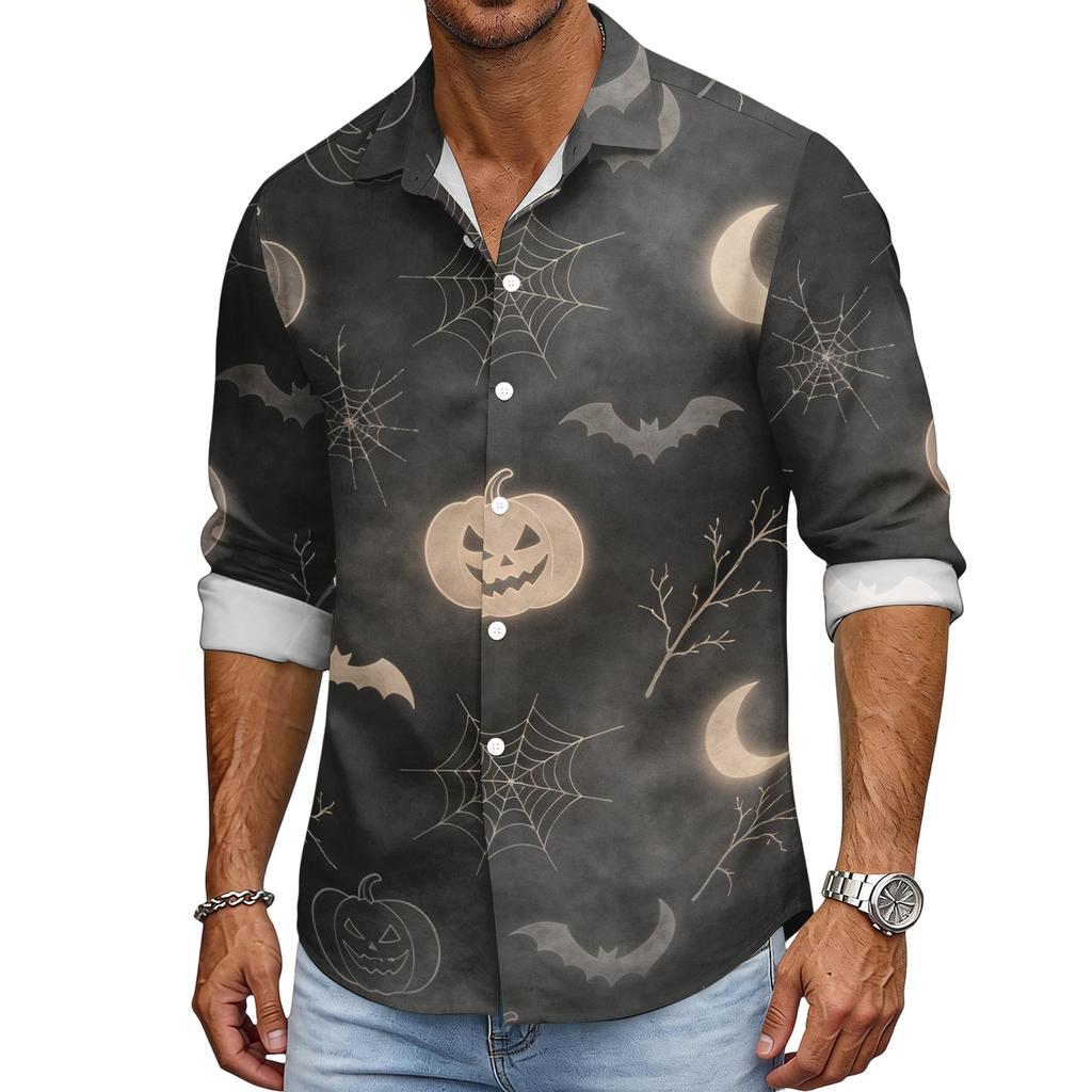 Men's Loose Fit Long Sleeve Shirt with Turn Down Collar Halloween Theme Vintage Casual Button Down Shirt for Spring Autumn Outdoor Daily Wear
