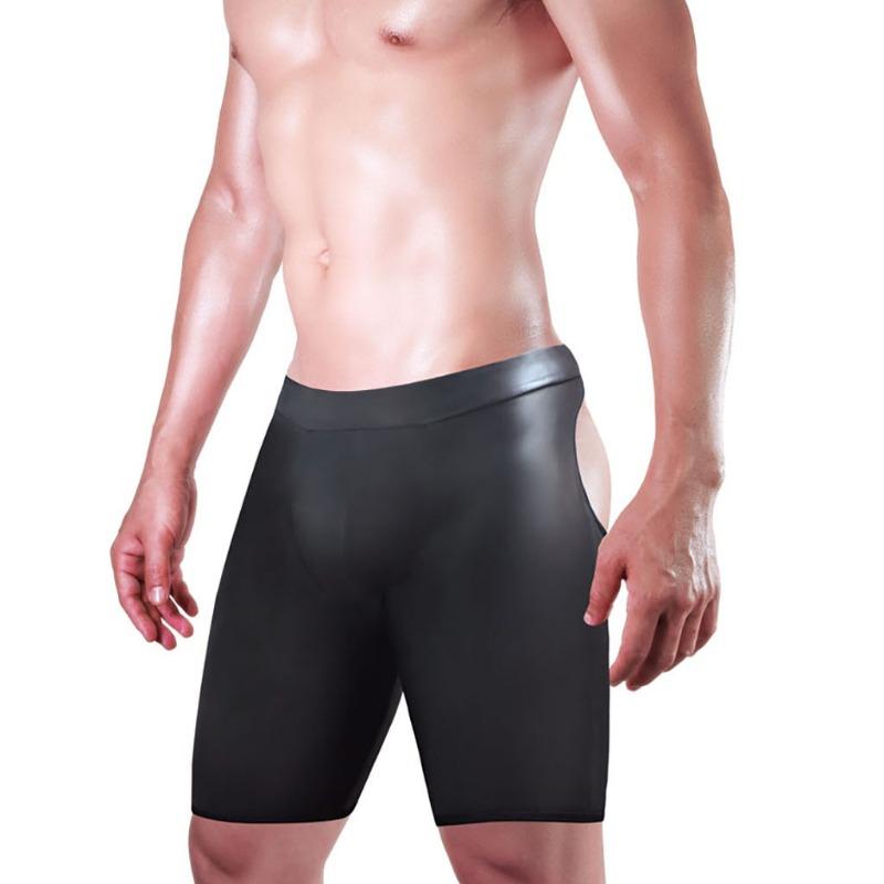 Herren Faux Leder Wetlook Offene Po Shorts Dehnbar Nachtwäsche Unterwäsche Slips Clubwear Gay Rollenspiel Nachtwäsche Pyjama