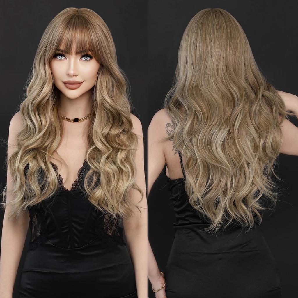 Professional  Synthetic Body Wavy Light Blue Hair Wig with Bangs for Women Daily Party High Density Middle Length Highlight Purple Wigs