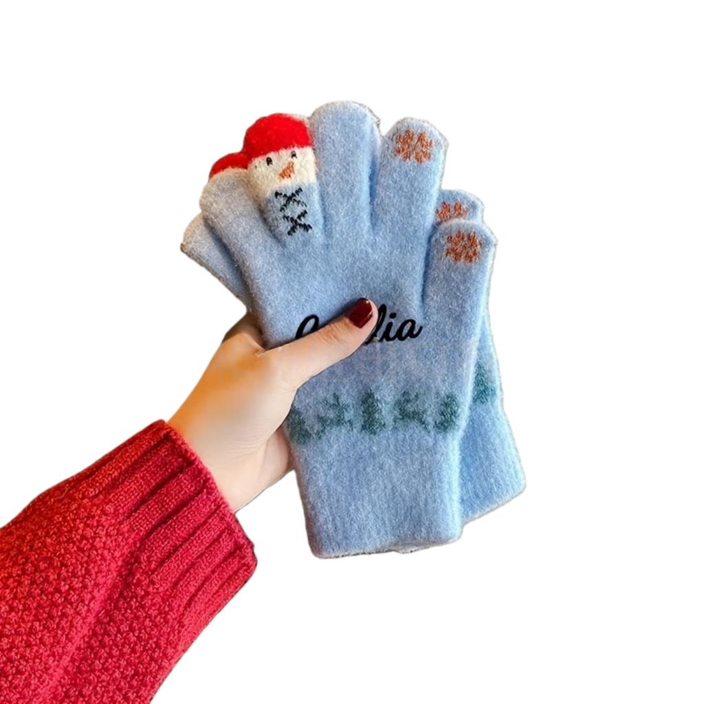 Personalized Custom Embroidered Wool Gloves For Women Winter Cute Snowman Knitted Screen Thick Warm Cycling Five Winter Cold-proof Cotton
