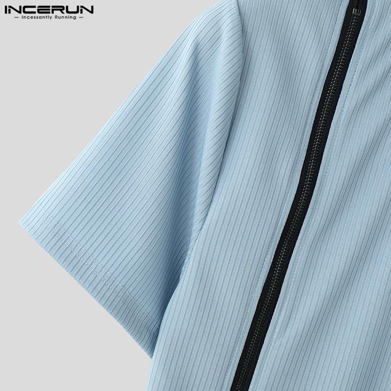 INCERUN Summer Men V Neck Short Sleeve Zip-up Casual Skinny Rib T-shirts Tops