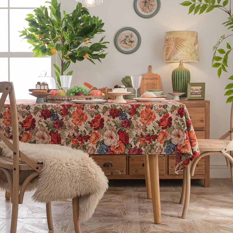 American Retro Polyester Cotton Color Woven Jacquard Magpie Flower Plant Fringed Tablecloth Rectangular Coffee Table Tablecloth Dining Table Cloth
