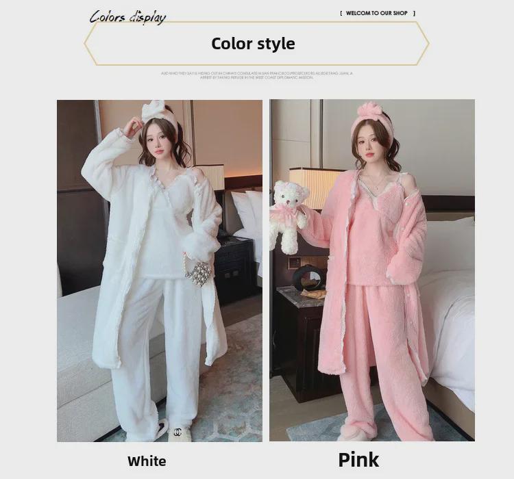 Suspender Trousers & Outer Robe Set with Chest Pad + 3D Hairband - Autumn/Winter Sexy Pajamas Coral Fleece 4-Piece Set.