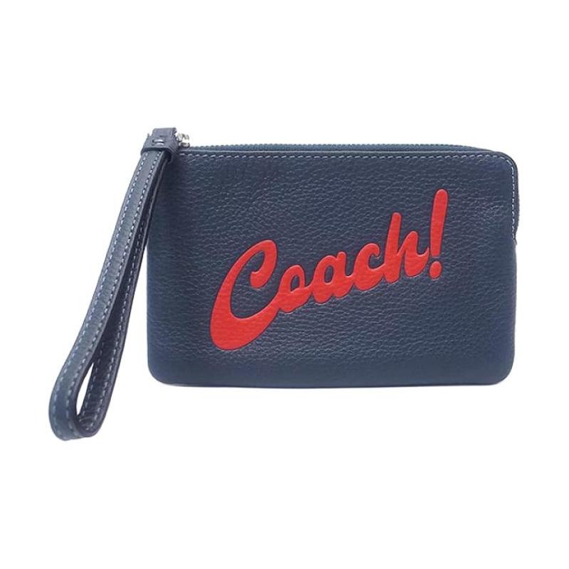 Coach Corner Zip 16 Letter Logo Graphic Top Zip Closure Refined Pebbled Leather Clutch Small Women's Silver Patch Denim