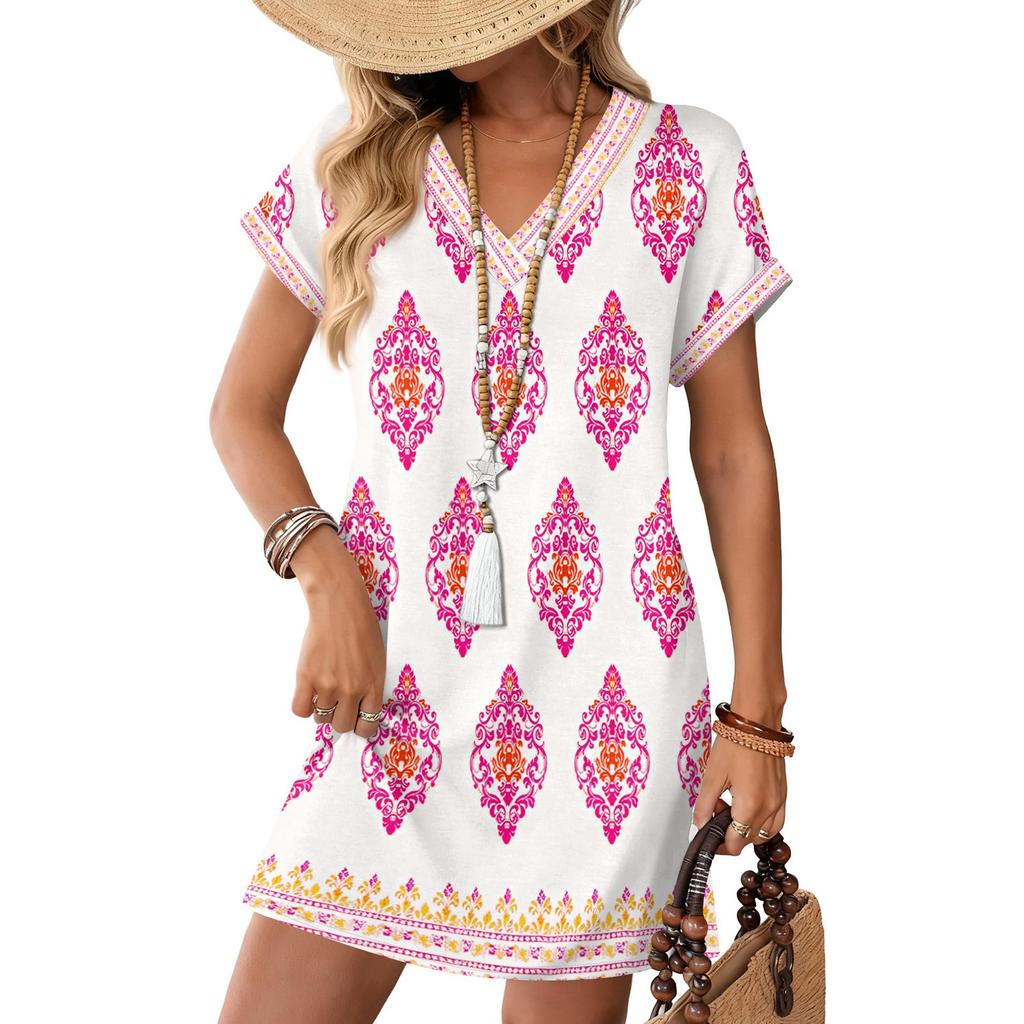 Women's Fashionable Floral Print V-neck Short Sleeved Pocket Casual Pullover Dress