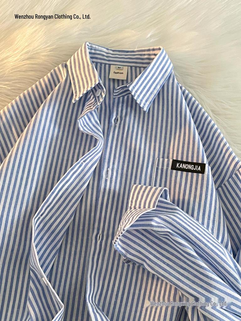 Spring & Autumn Vertical Striped Long Sleeve Men's Shirt: Pique Casual Hong Kong, Korean & Japanese Yuppie Style for Teens