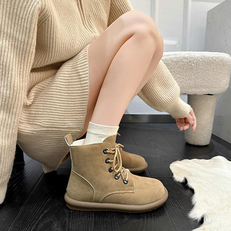 Mode Stiefel Damen Flacher Boden Bequeme Schuhe für Damen Lässig Plüschfleece für Wärme Schnürstiefeletten für Damen Botas De Mujer