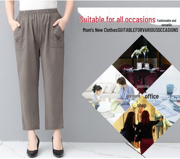 Mom's Cotton Embroidered Nine-Point Pants for Seniors, Casual Straight-Leg Pants for Spring & Autumn