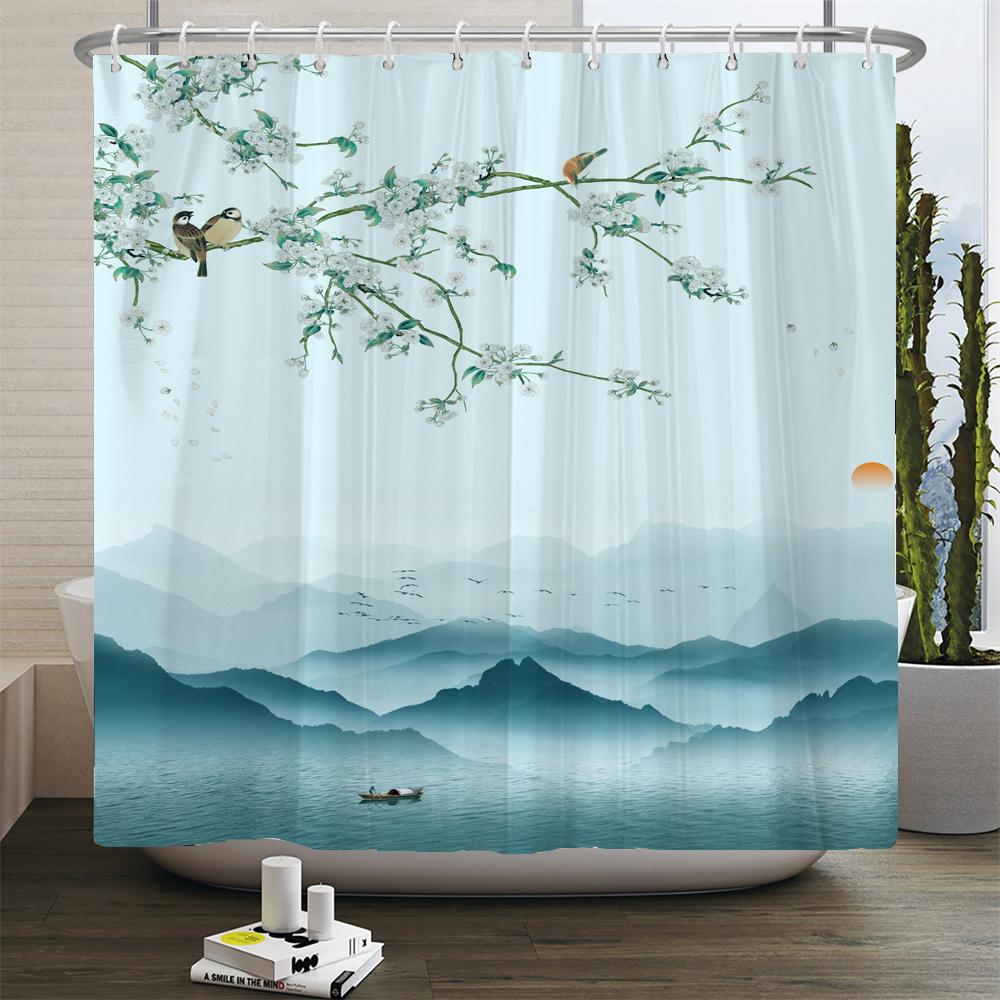 Chinese Style Flowers And Birds Waterproof Shower Curtain Set Toilet Seat Cover Bath Non-Slip Mat Rug Carpet Bathroom Decor
