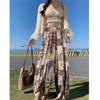 Seaside vacation suit, sexy bikini knitted suspenders + sunscreen cardigan + bohemian print wide-leg pants