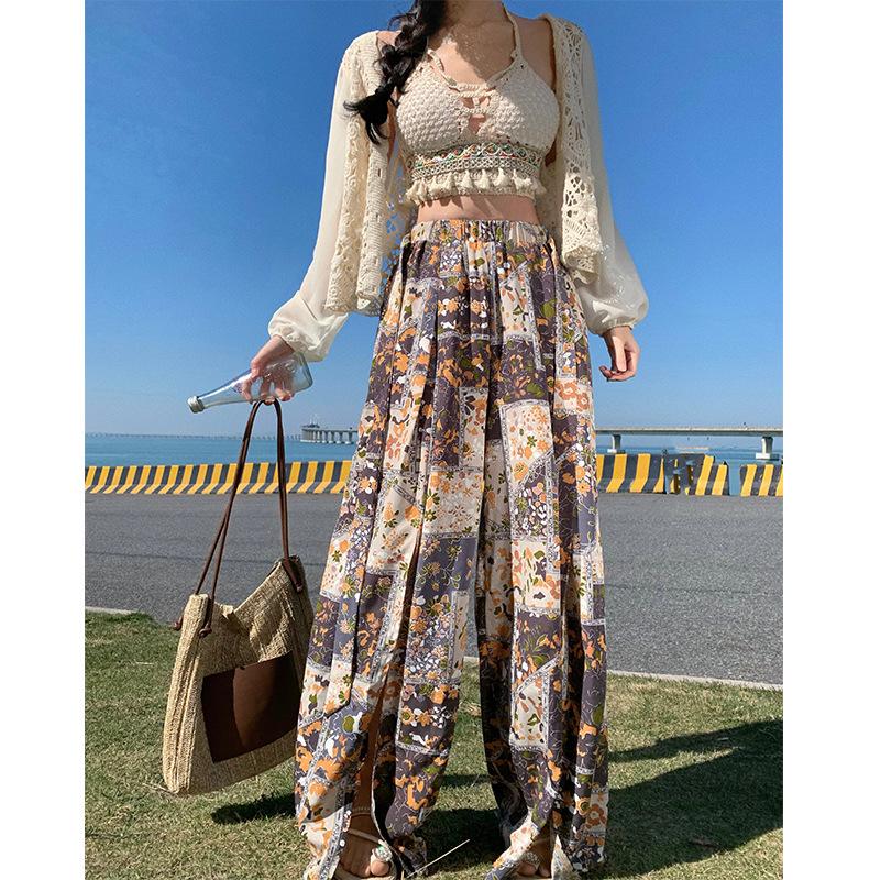 Seaside vacation suit, sexy bikini knitted suspenders + sunscreen cardigan + bohemian print wide-leg pants