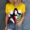 Women's Yellow T-Shirt With Abstract Faces Design Casual Summer Style Round Neck Short Sleeve Top For Daily Wear